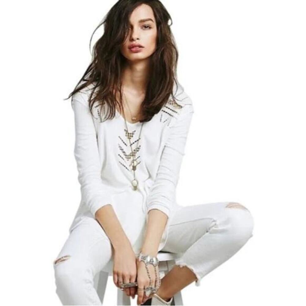 WE THE FREE People Moonrise Cutwork Thermal Shirt Top White Blouse Tunic - xs